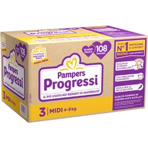 Pampers Progressi Midi 3 (4-9 kg) - 108 Pannolini con Cuore Assorbente e Indicatore di Bagnato