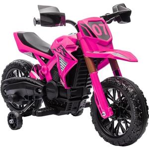 AIYAPLAY Motociclo elettrico per bambini, moto cross per bambini con batteria 6 V, 2 motori, corno e ruote di allenamento, 3-8 anni, carico 30 kg, rosa