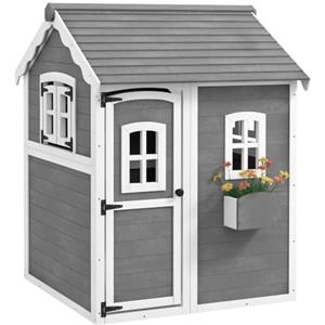 Outsunny Casetta per Bambini 3-8 Anni 6 Finestre 104.5x110x137 cm Grigia | Fioriera, in Legno di Abete, Casetta da Giardino per Bambini