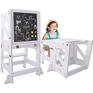 YOLEO Torre di apprendimento Transformer, Torre Montessori per bambini e neonati, pieghevole Learning Tower con lavagna bianca e nera magnetica, bianco - legno (White)