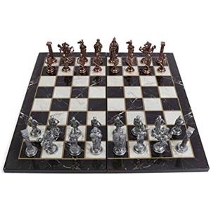GiftHome Royal Medieval British Army - Set di scacchi in metallo rame anticato per adulti, pezzi fatti a mano e scacchiera in legno con design in marmo, misura King 8 cm