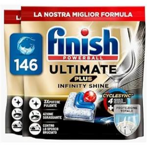 Finish Ultimate PLUS Infinity Shine Capsule Lavastoviglie, 146 Capsule, Detergenti per Lavastoviglie contro lo Sporco e i Residui Incrostati (Confezione da 2)