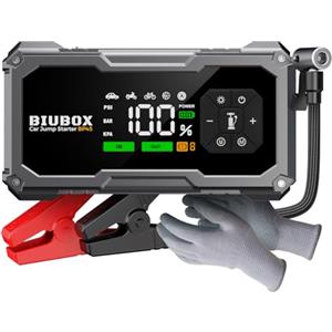BiuBox Avviatore di emergenza per auto BiuBox 8500A, avviatore batteria auto con compressore 150PSI per tutti i motori a benzina/9L diesel, booster avviamento moto portatile 12V con torcia elettrica