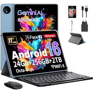 MENTUME Tablet 11 Pollici con Gemini AI, Tablet Android 16 con Custodia, Mouse & Tastiera, Octa-Core, 24 GB RAM + 256 GB ROM + 2 TB TF, 1920x1200 Display HD, 90Hz, Fotocamera Doppia 8MP+13MP, 8000mAh (Blu)