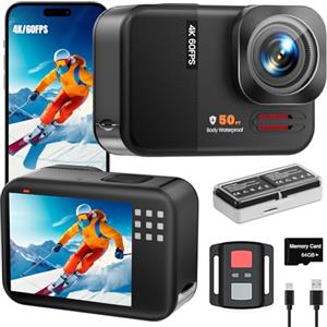Euorosi 4K 60FPS 48MP Action Cam, 50ft Fotocamera Subacquea Con 64GB Scheda, WIFI Grandangolo 170° Fotocamera per Casco, Telecomando, 2 X 1350 mAh, Accesorios Multiples (64GB)
