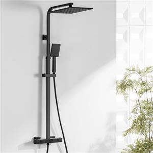 Auralum Colonna Doccia Nera con Miscelatore Termostatico, Miscelatore Doccia Esterno Ottone, Set Doccia Soffione Quadrato 25cmx25cm, Asta Saliscendi Doccia in Acciaio Inox Altezza Regolabile 97-130cm