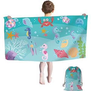 Rowjoy Telo da spiaggia per bambini, con simpatici animali marini, 60 x 120 cm, ad asciugatura rapida, asciugamano da viaggio, telo doccia per bambini (Blue Ocean)