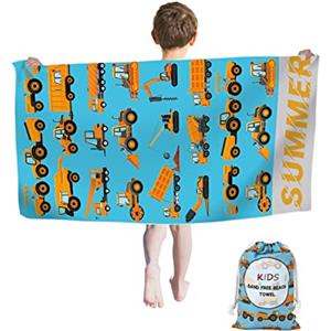 Rowjoy Telo mare escavatore gru, telo mare per bambini, 60 x 120 cm, in microfibra, senza sabbia, ad asciugatura rapida, asciugamano da viaggio, nuoto, telo doccia per bambini (camion giallo)