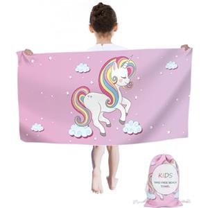Rowjoy Telo da spiaggia con unicorno, per bambini, 60 x 120 cm, in microfibra, senza sabbia, ad asciugatura rapida, per viaggi, nuoto, per bambini (viola #DJS)