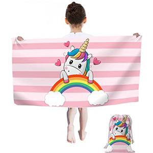 Rowjoy Telo da spiaggia con unicorno, per bambini, 60 x 120 cm, ad asciugatura rapida, asciugamano da viaggio, nuoto, telo doccia per bambini (rosa arcobaleno)