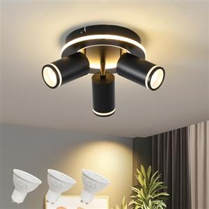 SANSHI Rotonda Faretti da Soffitto Orientabili Interno LED 3 Luce,Faretti da Parete con Inferiore 15W+3x5W,GU10 Lampadario Faretti,Moderna Plafoniera Faretti Bianco Caldo 3000K per Cameretta,Nero