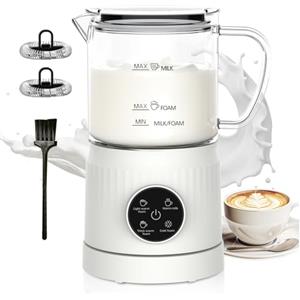 Casimhu Montalatte Elettrico 4 in 1, Cappuccinatore Elettrico per Calda e Fredda, Scaldalatte in Vetro, Macchina Automatica per Caffè Latte, Cioccolata (Bianco)