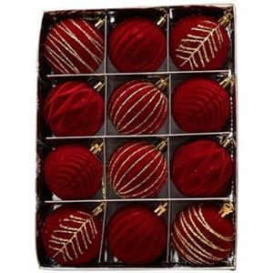 MLordoarf Set di 12 palline floccate, in velluto vintage rosso e oro, decorazione per albero di Natale floccata bordeaux, grandi palline decorative infrangibili da appendere per ghirlande natalizie
