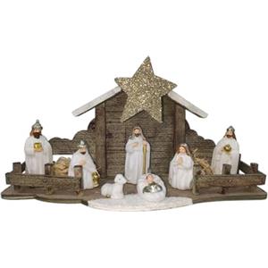 Generico Capanna Natività Bianca Regalo statuine con LUCI LED miniature in Ceramica 7 personaggi Presepe per Bambini in miniatura COLORI TENUI ORO Giuseppe Maria Gesù Sacra Famiglia 33x10x15cm