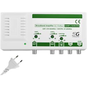 ANFEL CMB-35 Amplificatore Antenna TV, Centrale Banda Larga, 2UHF, 1VHF/FM, 15-35db Regolabile, 115dBmV, per Digitale Terrestre DVB-T/T2, con filtro 5G LTE, UHF 470-694Mhz, VHF/FM 47-230MHz