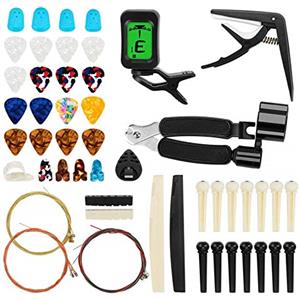 Jrifedptry Kit di 65 accessori per chitarra con corde per chitarra, accordatore, capotasto, plettri, porta plettri, plettri per pollice e perni per ponte