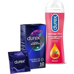 Durex Preservativi Lunga Durata 10 Profilattici Azione Ritardante + Durex Gel Lubrificante Massage 2in1 Guarana