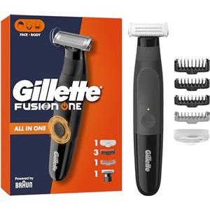 Gillette Fusion One Rasoio Elettrico Uomo Barba e Corpo, 3 Pettini Barba (1,2,5mm) e 1 Pettine Corpo, Testina Oscillante, Impermeabile, Senza Fili, 45 Min Autonomia, Tecnologia Braun