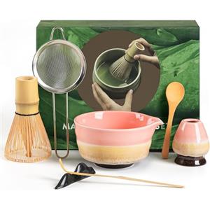 Torven Matcha Kit per Principianti - Matcha Set 7 Pezzi con Ciotola (Chawan), Frullino in Bambù (Chasen), Cucchiaio, Setaccio, Porta Chasen e Base - Set per Cerimonia del Tè Matcha Artigianale (rosa)