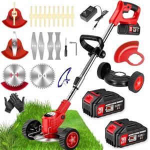 FISIYINDZ Decespugliatore a Batteria, Tagliabordi Elettrico 21V,Tagliaerba a Batteria con 2 2.0Ah Batterie e 4 Tipi di Lame, Ruote Rimovibili, Decespugliatori da Giardino Altezza Regolabile per Prati,Arbusti