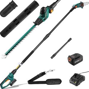 TLGREEN Sega e Tagliasiepi ad Asta a Batteria 2 in 1, 24cm Potatore Elettrico, 45cm Tagliasiepi Telescopico, Batteria 20V 4Ah e Caricabatterie, Brushless Motor, Testa Inclinabile, incl. Tracolla