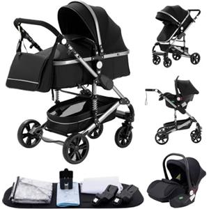 YAZOCO Passeggino Trio 3 in 1 Carrozzina Ovetto Pieghevole Set Viaggi Passeggino Neonato Sedili Parapiedi Zanzariere Carrozzina Multifunzionale (3 nero)