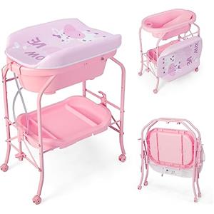 COSTWAY Fasciatoio con Vaschetta Bagnetto 2 in 1, Vasca da Bagno Pieghevole per Bambini, Fasciatoio con Materassino, Cestino Portaoggetti, Ruote con Freno, Portata 35kg+15kg (Rosa)
