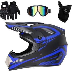 Hfnnhl Casco da motocross, per adulti e ragazzi, enduro, cross per bicicletta, downhill, BMX, off, ATV con occhiali, maschera (colore: blu, taglia: M (54 ~ 55 cm)