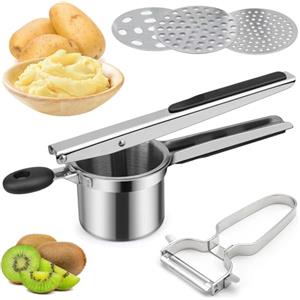 Lrocotanc Schiacciapatate Passapatate Manuale Schiaccia Patate con 3 Colini Sostituibili e Pelapatate Professionale Acciaio Inox Pressa per Purè di Patate Frutta