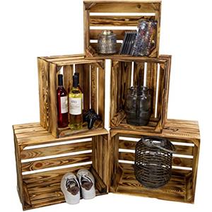 Kistenkolli Altes Land Cassette vintage fiammate, 50 x 40 x 29 cm/40 x 30 x 25 cm, decorazione per la casa, per la frutta, il vino o il fai da te (set da 5, misto)