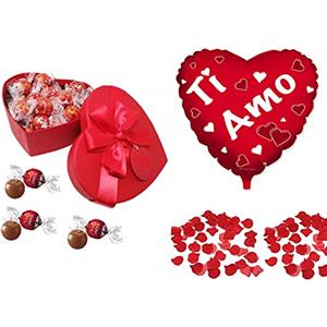 Zeus Party Scatola SAN VALENTINO a forma di cuore con 250 gr di cioccolatini al latte + 120 petali rossi a cuore e 1 palloncino GRANDE (45 cm) TI AMO e 20 palloncini a cuore rosso