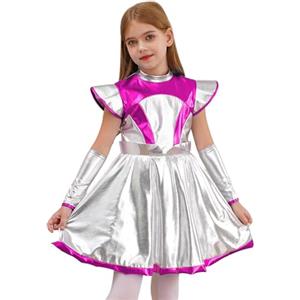 Fldy Costume Halloween Bambina Vestito Alieno Robot Con Guanti Metallizzati Travestimento Cosmico Alieno Abbigliamento Role Play Anni Rosa acceso 7-8 anni