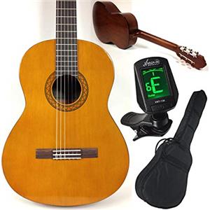 Yamaha C40 - Set per principianti con chitarra classica da concerto, accordatore sfq24 con schermo LED, custodia, tracolla e 3 plettri, set completo, ideale per principianti