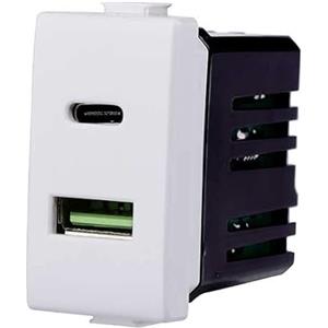 ETTROIT MODULI PRESE INTERRUTTORI SHUCKO PULSANTI USB DIMMER COMPATIBILE CON BTICINO MATIX (MODULO PRESA CARICATORE USB DOPPIO TYPE A + C 1P 3.1A 5V BIANCO)