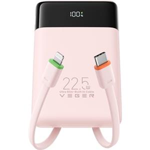 VEGER 10000mAh Power Bank con Cavi Integrati, 22.5W Ricarica Rapida Caricatore Portatile, Sottile Compatto USB C Powerbank LED Display con 4 Uscite e 3 Ingressi Compatibile con iPhone Huawei Xiaomi