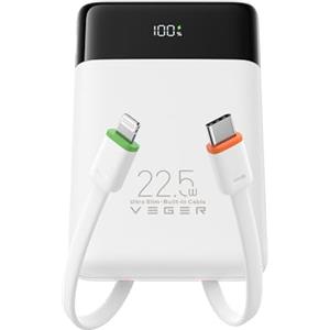 VEGER 10000mAh Power Bank con Cavi Integrati, 22.5W Ricarica Rapida Caricatore Portatile, Sottile Compatto USB C Powerbank LED Display con 4 Uscite e 3 Ingressi Compatibile con iPhone Huawei Xiaomi