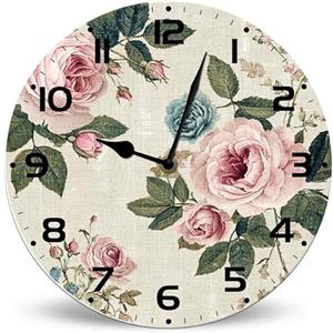 Horienteeon Orologio da parete estetico francese in legno di rosa rosa, 25 cm, a batteria, senza ticchettio, orologio da parete rustico per ufficio, soggiorno, camera da letto o cucina