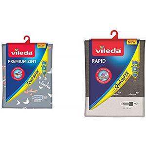 Vileda Premium 2 in 1 Copriasse da Stiro con Superficie Rivestita di Alluminio, 3 Strati & Rapid Copriasse da Stiro Universale, in Cotone e Alluminio, Termoriflettente con Fermacorda, Grigio