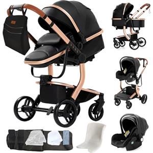 MoLi Pelle PU Passeggino Trio, Passeggino 3 in 1 con Doppia Modalità Push Reversibile, Trio Passeggini Neonati con Grande Navicella, Carrozzina per Neonati in Alluminio Pieghevole (B518 Black)