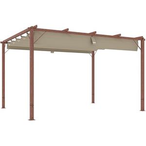 Outsunny Gazebo Pergola 3x4 m con Tetto Scorrevole, Picchetti e Viti, Pergolato da Giardino in Poliestere 180g/㎡ e Alluminio, UV30+, per Patio, Terrazzo, Balcone, Veranda e Esterno, Color Legno