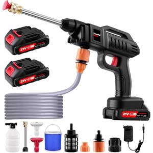 LeadGoods Rondella ad alta pressione senza fili, 21 V, 60 bar, idropulitrice portatile senza fili, con batteria 2 x 2000 mA, ugello regolabile 6 in 1, tubo da 5 m, per lavaggio e irrigazione (Senza secchio)