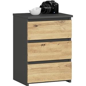 AKORD | Comodino CL-3 con 3 Cassetti | per il soggiorno, la camera da letto, il guardaroba, l'ufficio e lo studio | Design moderno e funzionale | 35 x 40 x 57 cm 26kg | Grigio grafite | Rovere Artisan