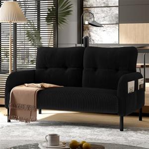 KOMHTOM Divano a 2 posti in velluto a coste con schienale alto comodo, 4 tasche e gambe in metallo, moderno divano angolare per soggiorno, camera da letto e ufficio (nero-2)