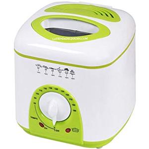 Suinga Friggitrice elettrica ad olio con capacità totale di 1 litro. Termostato con intervallo di temperatura da 80 a 190 gradi. Potenza 950 W. Misure 19 x 21 x 19 cm