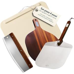 SILBERTHAL Set pietra per pizza 4 pezzi - Pietra refrattaria con pala pizza in acciaio inox, tagliapizza 32 cm e tagliere da servizio - Per forno e BBQ