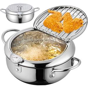Syglawnd Pentola per friggere, Pentola per friggere 3, 2 L in acciaio inossidabile Tempura Janpanese con temperatura e scolapiatti per olio 9, 4'' Piccola frittura con manici per patatine da cucina, frittura