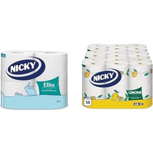 Nicky Elite - 4 Rotoli di Carta Igienica, 170 Soffici Fogli a 3 Veli, Morbida e Resistente + Nicky Limone Carta Cucina - 18 Rotoli da 100 Fogli Assorbenti a 2 Veli, Fresco Profumo di Limone