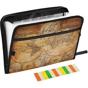 Quteprint Cartella portadocumenti espandibile con 13 tasche con chiusura a cerniera, cartellina vintage retrò con mappamondo a fisarmonica con etichette adesive, formato lettera A4, portadocumenti