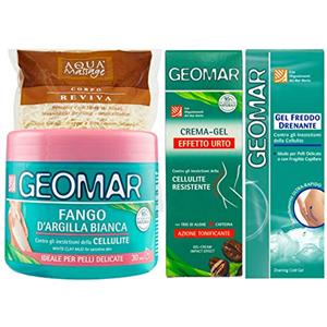 Geomar SET TRATTAMENTO ANTICELLULITE GEOMAR - Fango Argilla 650 g - crema corpo gel freddo drenante 200ml -GEOMAR crema gel effetto urto 200ml più spugna corpo con fibre di di sisal massaggio corpo.