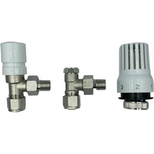 HM Valvole Termostatiche per Termosifoni 3/8x16 Multistrato, Kit Valvola Termostatica ad Angolo con Testina M30 + Detentore + Adattatori 16 mm, Ottone Nichelato, Risparmio Energetico